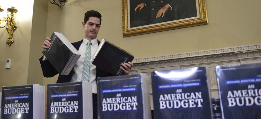 James Knable helps to unpack copies of President Trump's FY19 Budget after it arrived at the House Budget Committee office on Feb. 12.