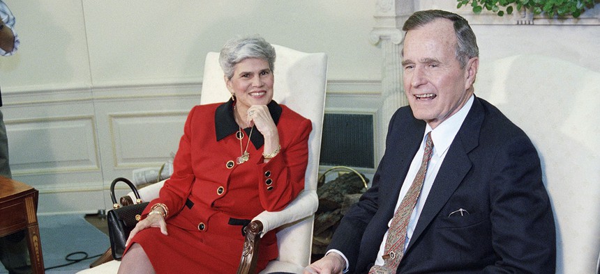 Violeta Chamorro President of Nicaragua meets with former President Bush in the Oval Office at the White House in 1992.