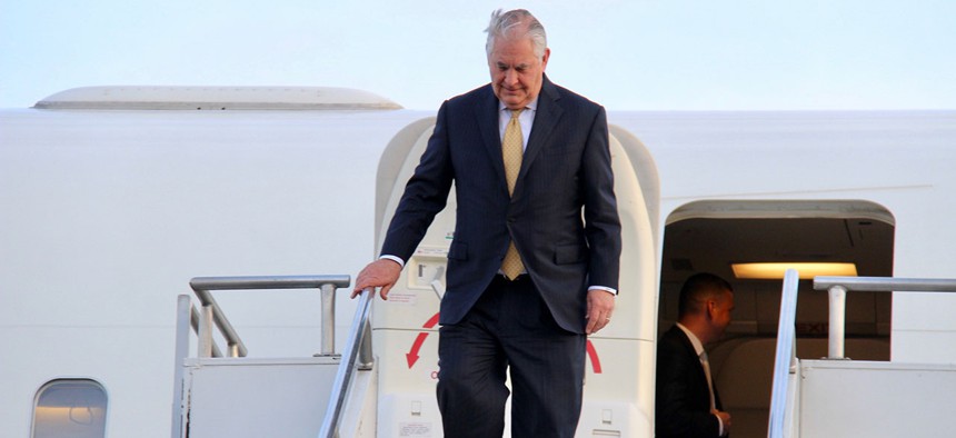 Tillerson deplanes at Bole International Airport in Addis Ababa, Ethiopia on March 7.