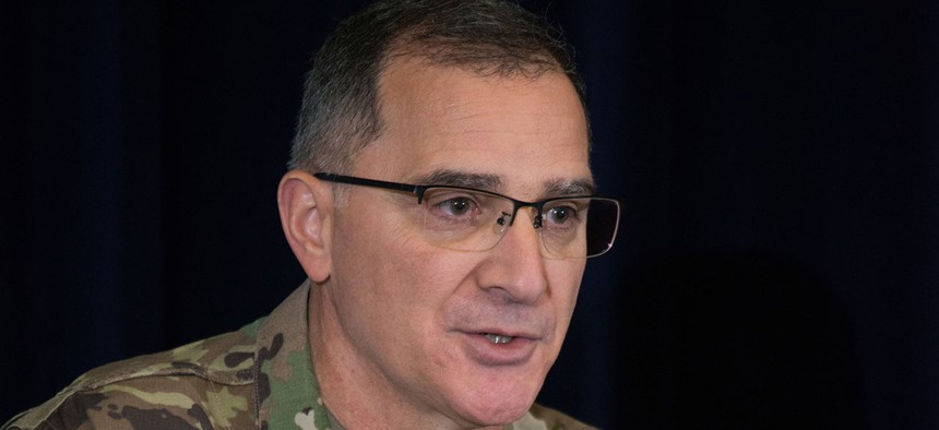 Gen. Curtis M. Scaparrotti, speaks to more than 400 members of the U.S. EUCOM staff  in Germany in 2016.