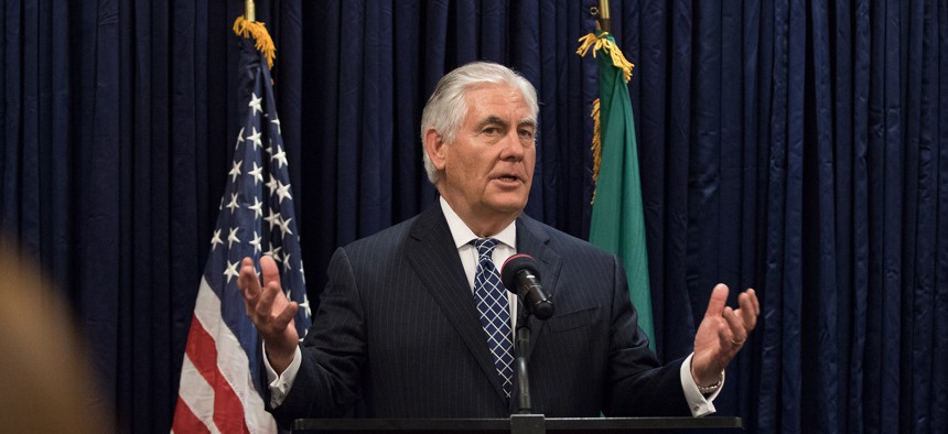 Tillerson addresses U.S. Mission Nigeria staff at a Meet and Greet at U.S. Embassy Abuja in Nigeria on March 12.