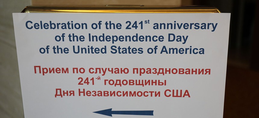 A sign directs visitors to a July 4 celebration at the U.S. Consulate Building in Vladivostok in 2017.