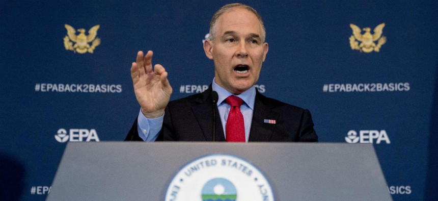 EPA Administrator Scott Pruitt speaks at a news conference Tuesday on his decision to scrap Obama era fuel standards. 