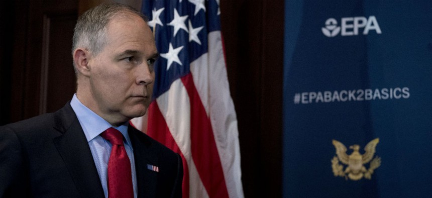 EPA Administrator Scott Pruitt speaks at a news conference on his decision to scrap Obama era fuel standards. 