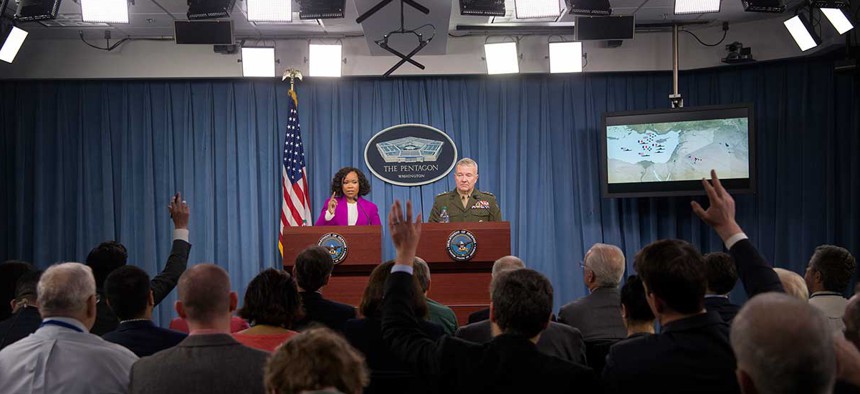 Dana White, the assistant to the secretary of defense for public affairs, and Lt. Gen. Kenneth F. McKenzie, the Joint Staff director, brief the press regarding American operations in Syria on Saturday.