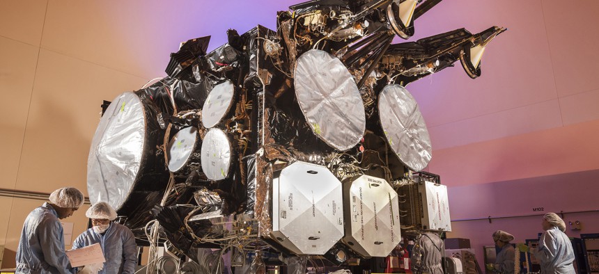 The fourth Advanced Extremely High Frequency (AEHF) satellite undergoes production at Lockheed Martin’s satellite manufacturing facility in Sunnyvale, California.