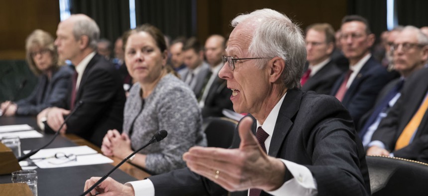 PSC President David Berteau, joined by (right to left) Raytheon VP Jane Chappell, ManTech President and CEO Kevin Phillips, and Brenda Farrell of GAO testify before the Senate Intelligence Committee in March.