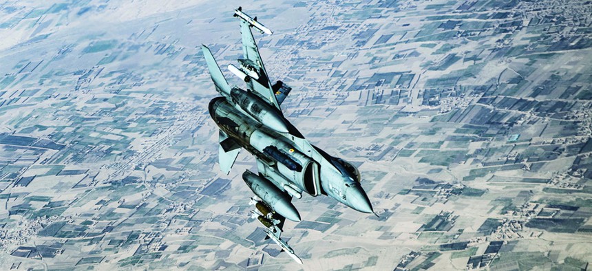 A U.S. Air Force F-16C performs an aerial patrol over an Afghan district in support of Operation Freedom's Sentinel in March. 