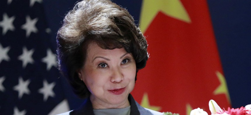 Transportation Secretary Elaine Chao speaks at the China-U.S. Transportation Forum in Beijing in late April. 