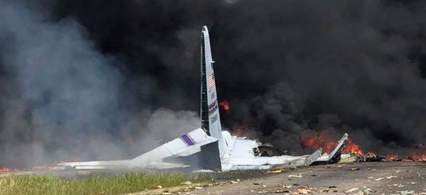 An Air National Guard C-130 cargo plane after it crashed near Savannah, Georgia.