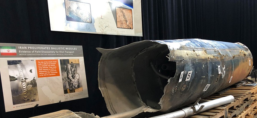 U.S. defense intelligence officials displayed the remnants of an Iranian-made ballistic missile launched by Houthi fighters in Yemen at Saudi Arabia, in a warehouse outside of Washington, D.C., Feb. 14, 2018. 
