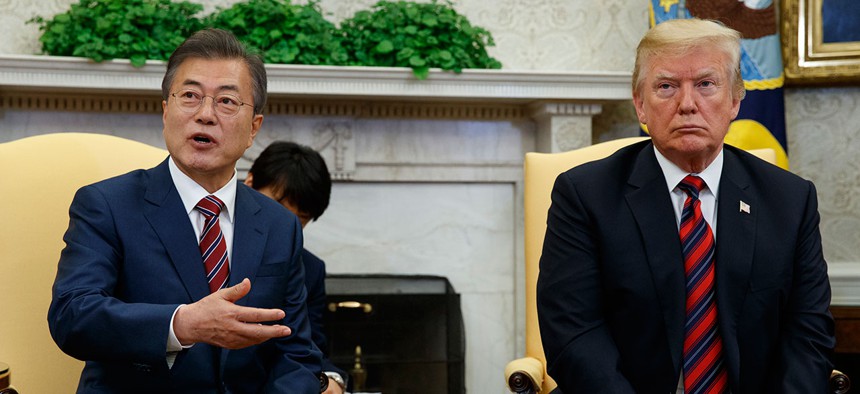 President Donald Trump meets with South Korean President Moon Jae-In in the Oval Office on Tuesday.