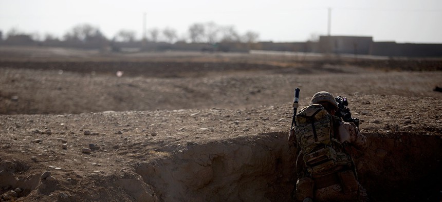 A U.S. Marine with Task Force Southwest provides security during a patrol near Bost Airfield in Afghanistan in January.