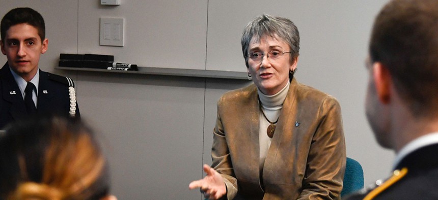 Secretary of the Air Force Heather Wilson speaks to Air Force cadets at Northeastern University in Boston April 4.