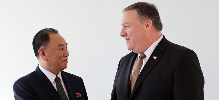 North Korean envoy Kim Yong Chol meets with U.S. Secretary of State Mike Pompeo in New York on Thursday.