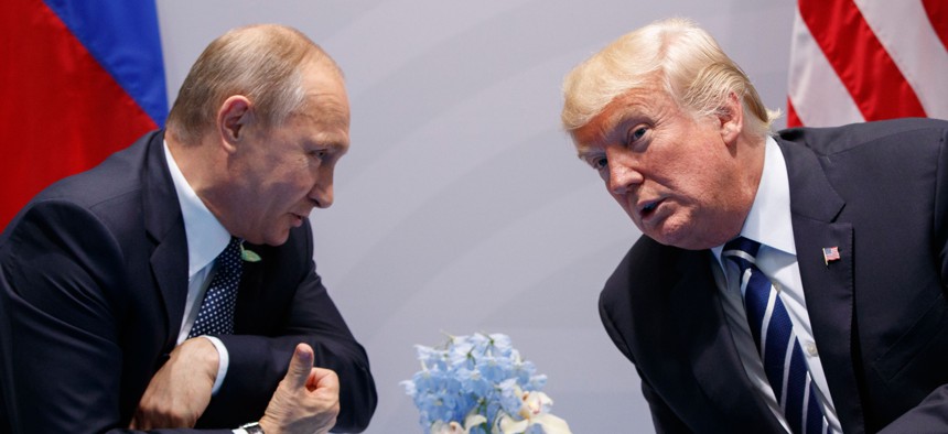 President Donald Trump meets with Russian President Vladimir Putin during their bilateral meeting at the G20 summit in Hamburg, Germany, on July 7, 2017.