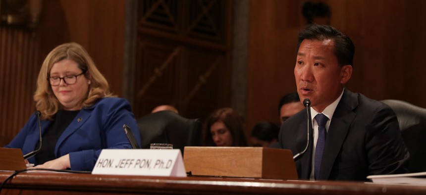 GSA leader Emily Murphy and OPM chief Jeff Pon testify before a Senate Homeland Security and Governmental Affairs subcommittee Thursday. 