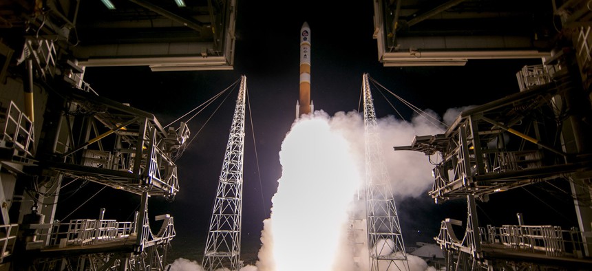 A United Launch Alliance Delta IV rocket launches from Space Launch Complex 37B, Cape Canaveral Air Force Station, Florida.