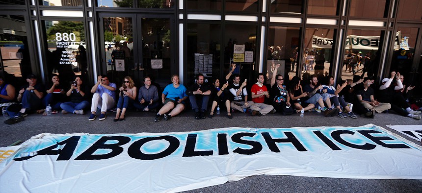 Protestors block entrance Immigration and Customs Enforcement offices in San Diego in July.