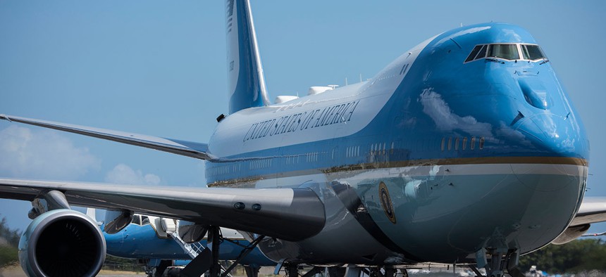 Air Force One refuels at Joint Base Pearl Harbor-Hickam, Hawaii, on President Donald Trump's return to Washington D.C. from the North Korea summit, June 12, 2018. 