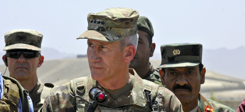  Gen. John Nicholson, Resolute Support commander, answers media questions during a visit to the Kabul Military Training Center in Kabul, Afghanistan, June 11, 2018. 