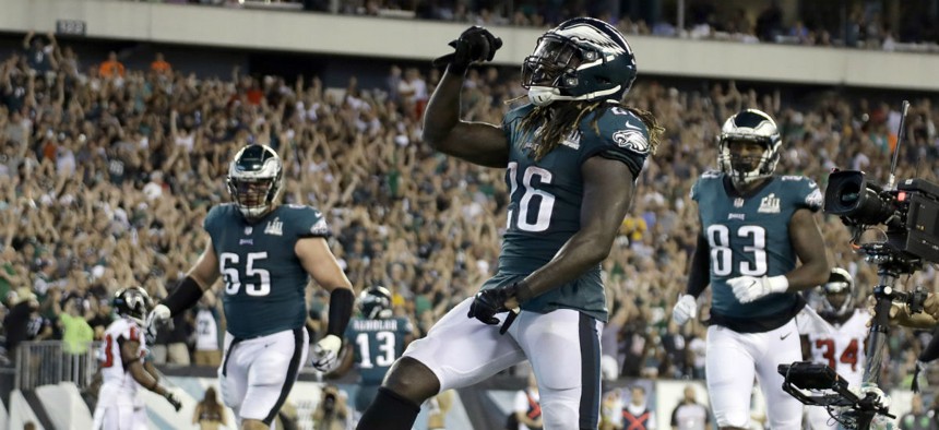 Philadelphia Eagles' Jay Ajayi celebrates after scoring a touchdown during the second half of an NFL football game against the Atlanta Falcons on Sept. 6, 2018, in Philadelphia.