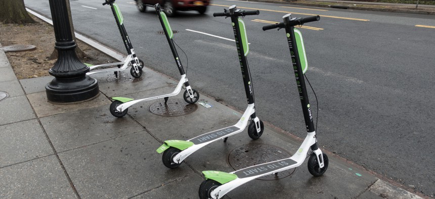 Dockless scooters are show in D.C. in April.