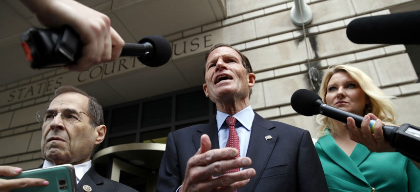 Rep. Jerrold Nadler, D-N.Y., left, Sen. Richard Blumenthal, D-Conn., and Constitutional Accountability Center Attorney Elizabeth Wydra speak to the media about a lawsuit filed on behalf of nearly 200 members of Congress. 