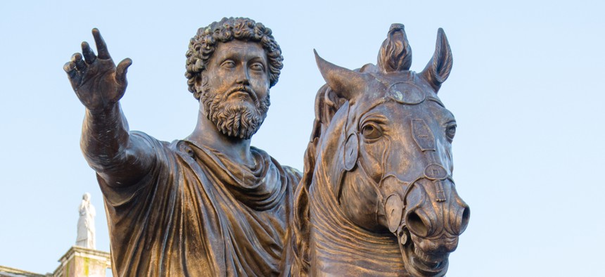 A statue of the emperor Marcus Aurelius sits at the Capitoline Hill in Rome.