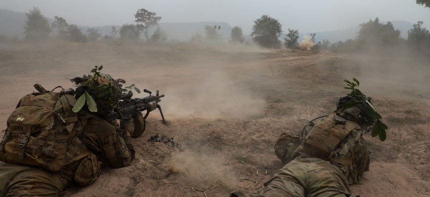 U.S. Army Soldiers from 1st Battalion, 21st Infantry Regiment, 2nd Infantry Brigade Combat Team, 25th Infantry Division and their Royal Thai Armed Forces counterparts participate in a life fire exercise during Exercise Cobra Gold 2018 in Thailand, Feb. 18