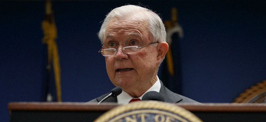 Attorney General Jeff Sessions speaks at a news conference in Washington on Monday. 