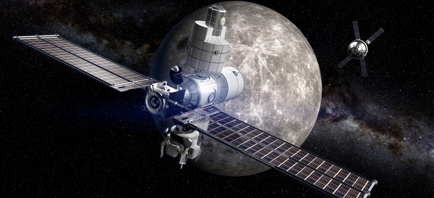 A concept of an orbital moon station from Boeing.