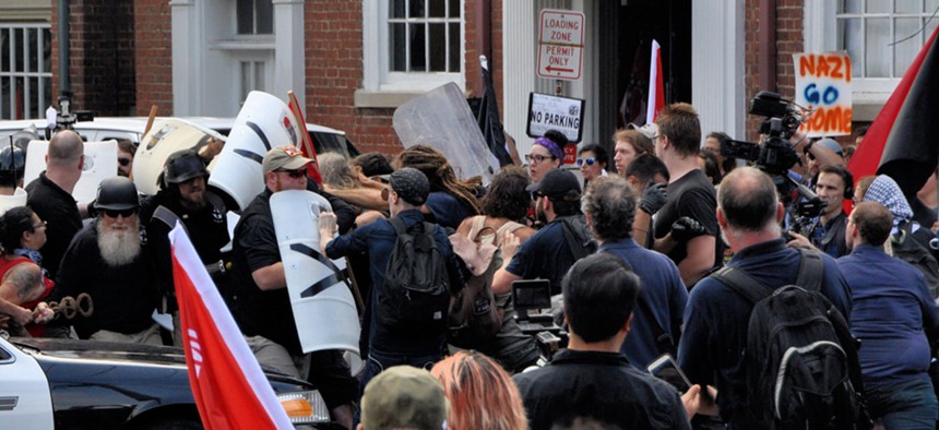 White nationalists and counter protesters clash in during a rally that turned violent resulting in the death of one and multiple injuries in 2017.