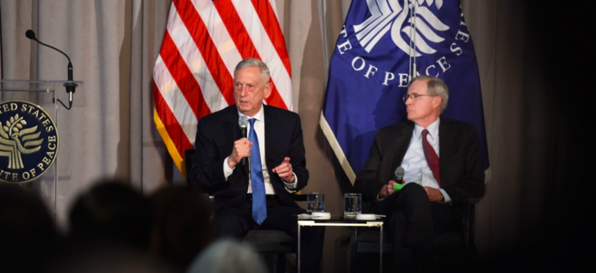 U.S. Secretary of Defense James N. Mattis speaks at the United States Institute of Peace, in a discussion moderated by the chair of the institute’s board of directors, Stephen J. Hadley, Washington, D.C., Oct. 30, 2018.