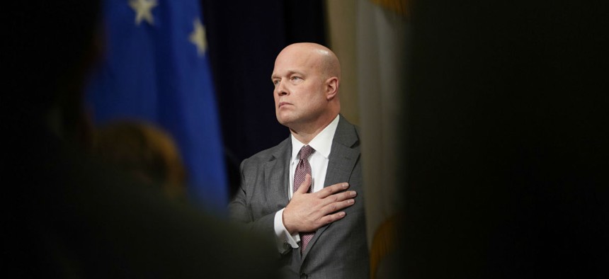 Acting Attorney General Matthew Whitaker stands during the playing of the National Anthem at the Dept. of Justice's Annual Veterans Appreciation Day Ceremony on Nov. 15.