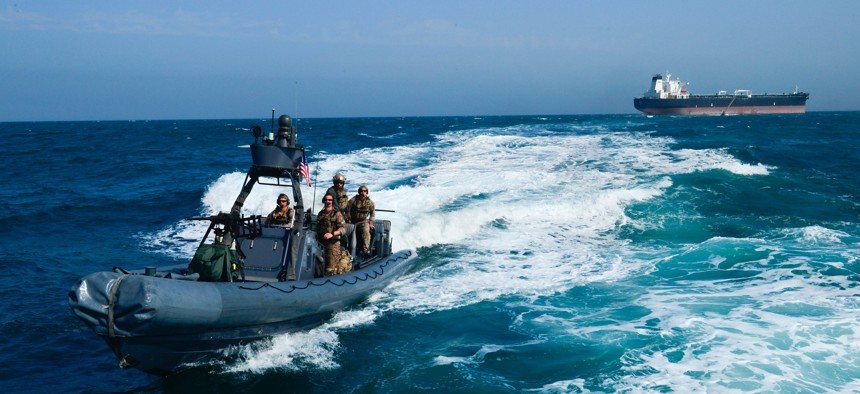 A U.S. Navy special warfare combatant craft crew returns from a simulated mission to recover a hijacked tanker Apr 3, in Kuwait territorial waters as part of exercise Eagle Resolve 2017.