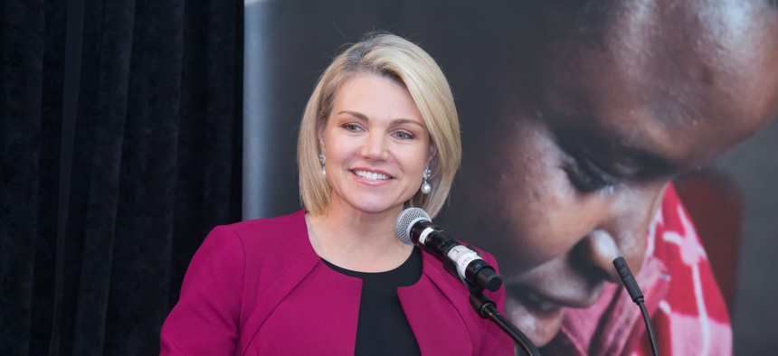 Heather Nauert delivers remarks at the Save the Children event in March in Washington.