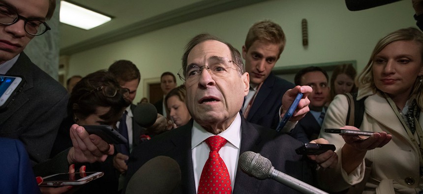 Rep. Jerrold Nadler, D-N.Y.,  is met by reporters as her arrives for testimony by former FBI Director James Comey behind closed doors on Capitol Hill on Friday.