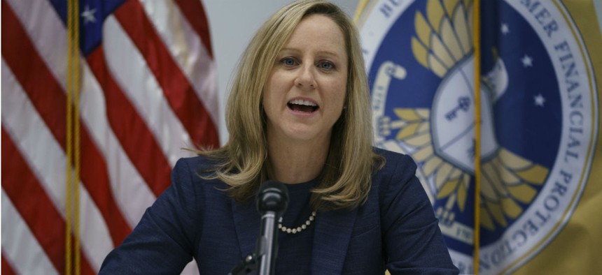 New Consumer Financial Protection Bureau Director Kathy Kraninger holds a press conference Tuesday. 