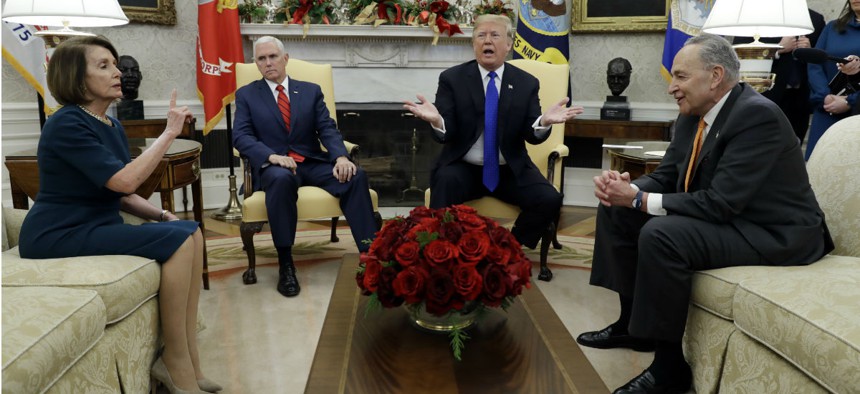 From left, House Minority Leader Nancy Pelosi, Vice President Pence, President Trump and Senate Minority Leader Chuck Schumer meet to discuss funding the government for the rest of the year. 