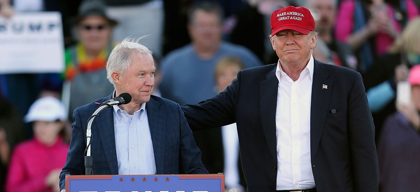 Sen. Jeff Sessions and Donald Trump appear together on the presidential campaign trail in Alabama in February 2016. 