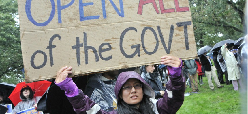 Workers rally to reopen the government during the October 2013 shutdown. 