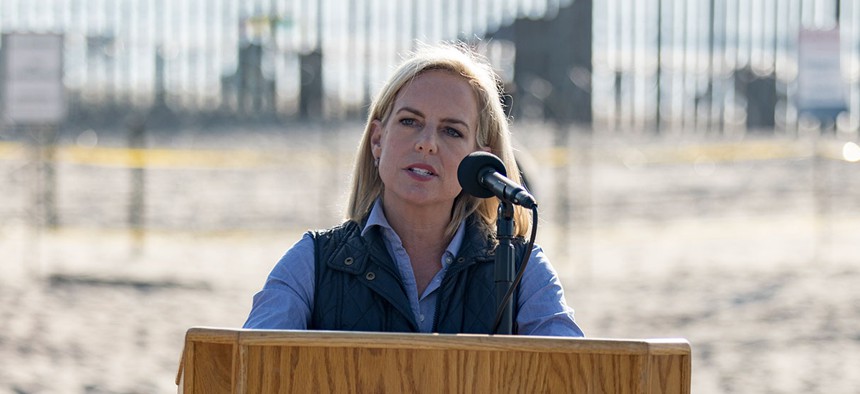 Nielsen holds a press conference at Border Field State Park in California in November.