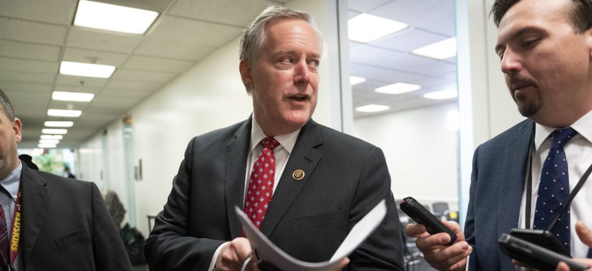 Rep. Mark Meadows, R-N.C., heads into a Republican strategy meeting on Thursday. 