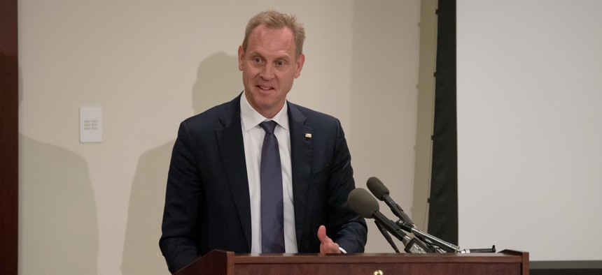  Patrick M. Shanahan speaks to members of the Military Reporters and Editors Association during their annual convention at the Navy League Building in Arlington, Va. in October.