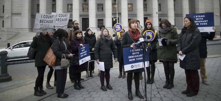 Betsy Plum, vice president of Policy at the New York Immigration Coalition, speaks during a news conference outside the Thurgood Marshall United States Courthouse in November.