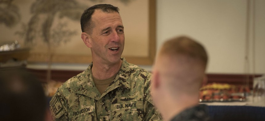 Chief of Naval Operations Adm. John Richardson meets with sailors earlier this month. 