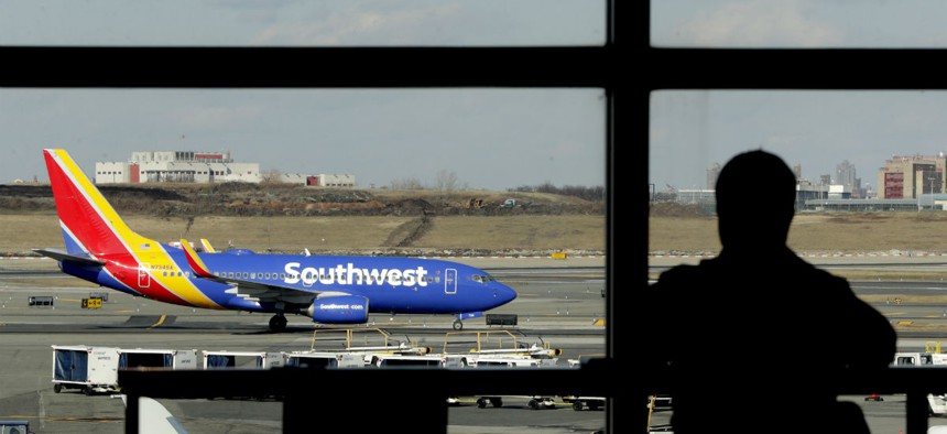 A Southwest jet at LaGuardia airport in New York on Jan. 25. The airport experienced delays related to the shutdown.