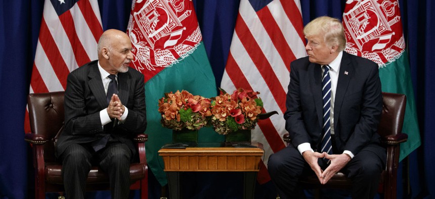 President Donald Trump meets with Afghan President Ashraf Ghani at the Palace Hotel during the United Nations General Assembly in 2017.