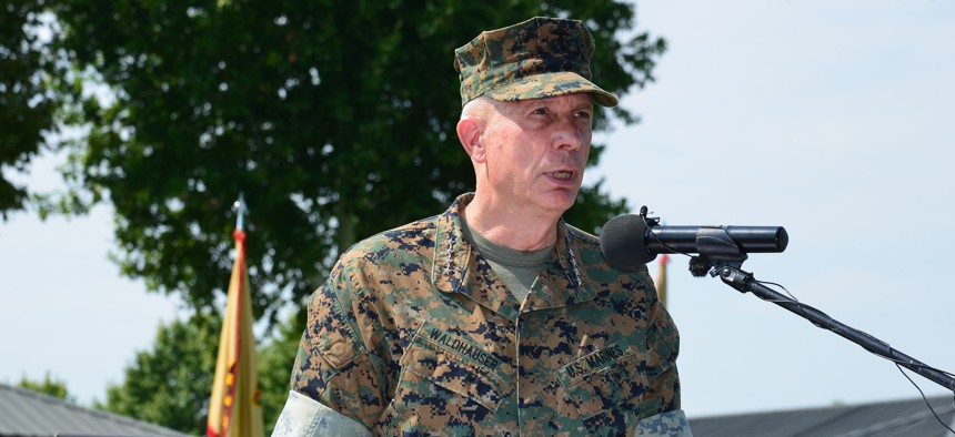 Marine Corps, Gen. Thomas D. Waldhauser, commander of the U.S. Africa Command, delivers remarks in Italy in August.